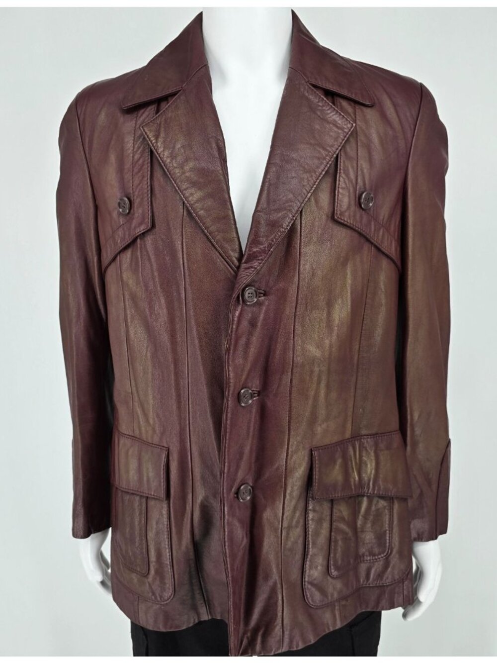 Vintage 1970s Monsieur Lauro Oxblood Leather Safari Blazer Jacket (41 M/L)